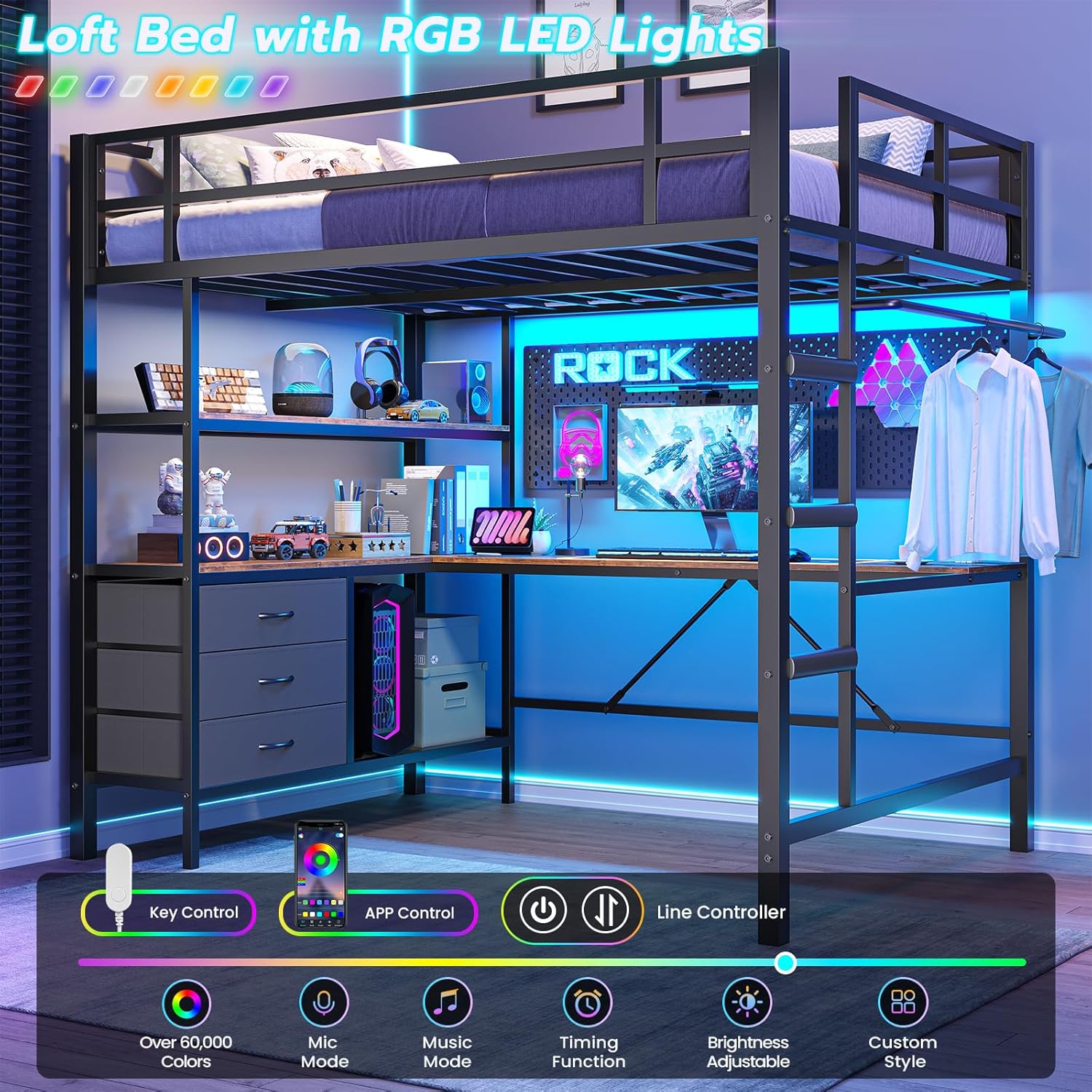 Full Size Loft Bed Frame with Desk&LED Lights&Charging Station&3 Storage Drawers, Black/White/Pink