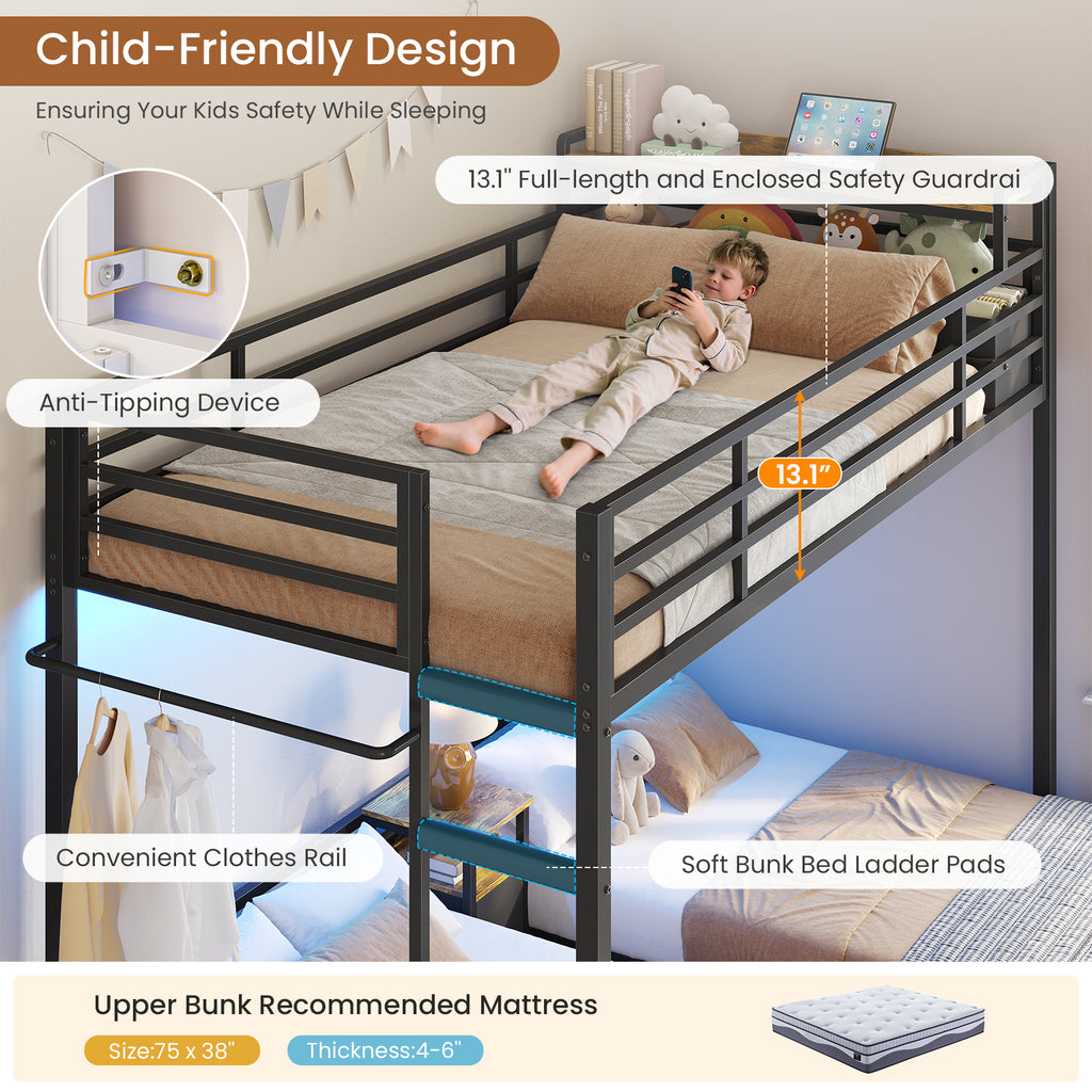Mabor Triple Bunk Bed with LED Lights and Charging Station, Twin Over Twin Over Twin Loft Bed Frame with 3 Storage Drawers&Study Desk&Guardrails and Ladder, Black/White