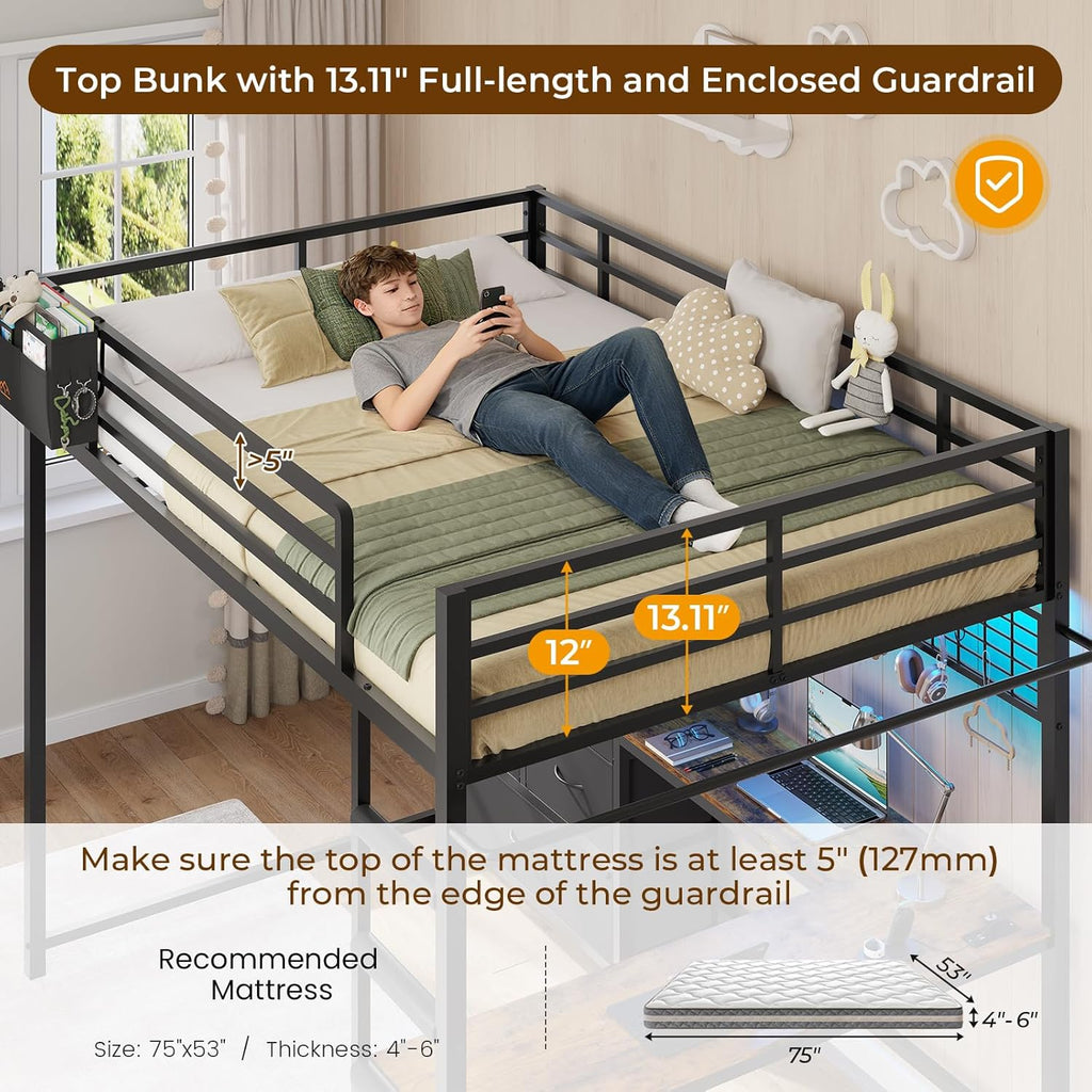 Mabor Twin/Full Size Loft Bed Frame with L-Shaped Desk & Charging Station & LED Lights & 7 Storage Drawers for Bedroom, Black/White