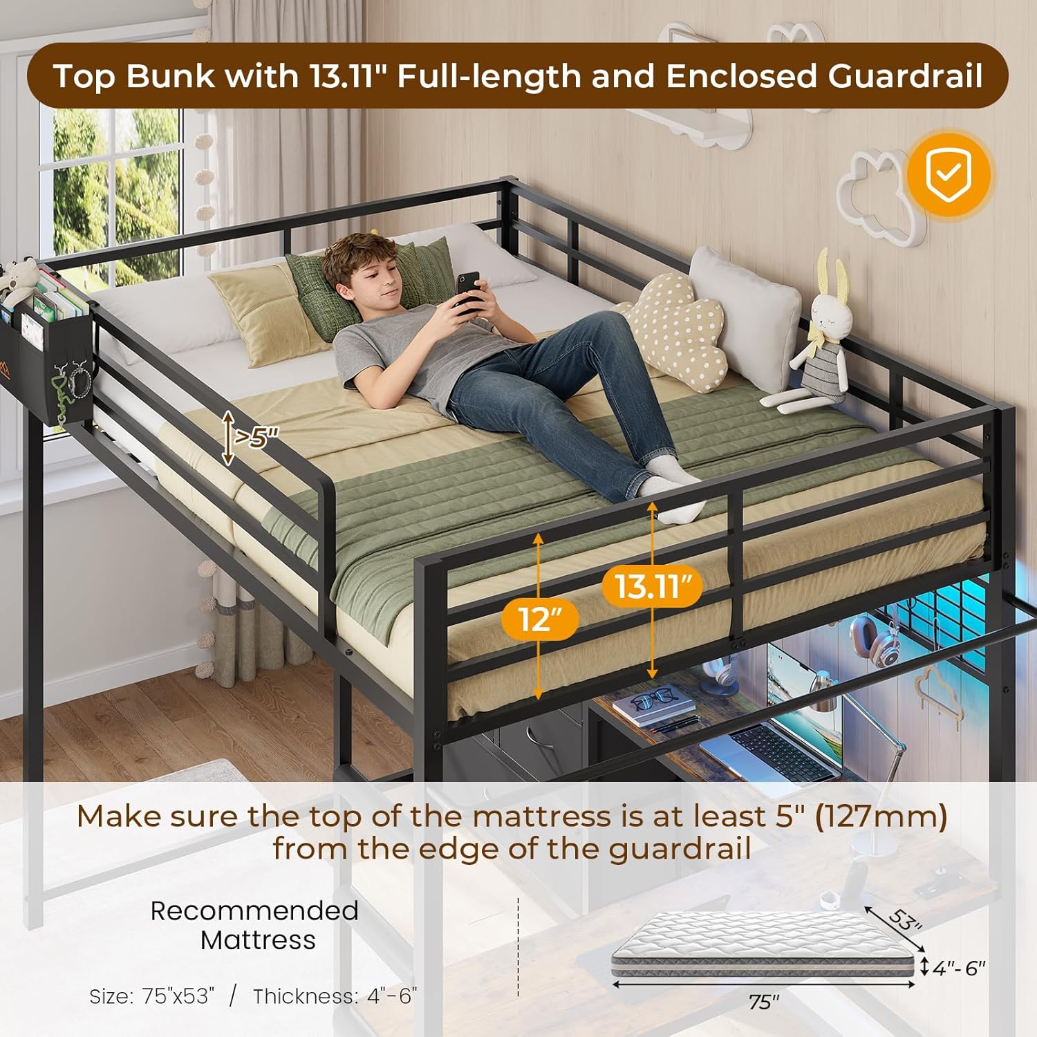 Mabor Twin/Full Size Loft Bed Frame with L-Shaped Desk & Charging Station & LED Lights & 7 Storage Drawers for Bedroom, Black/White