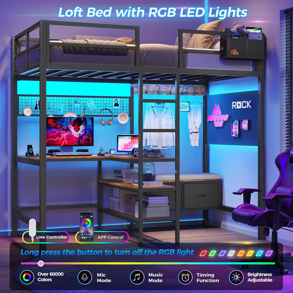 Twin Size Loft Bed with L-Shaped Desk&LED Lights&Charging Station, Twin Metal Loft Bed with Storage Shelves&Drawers,Top Bunk with Safety Guard & Stair, Black