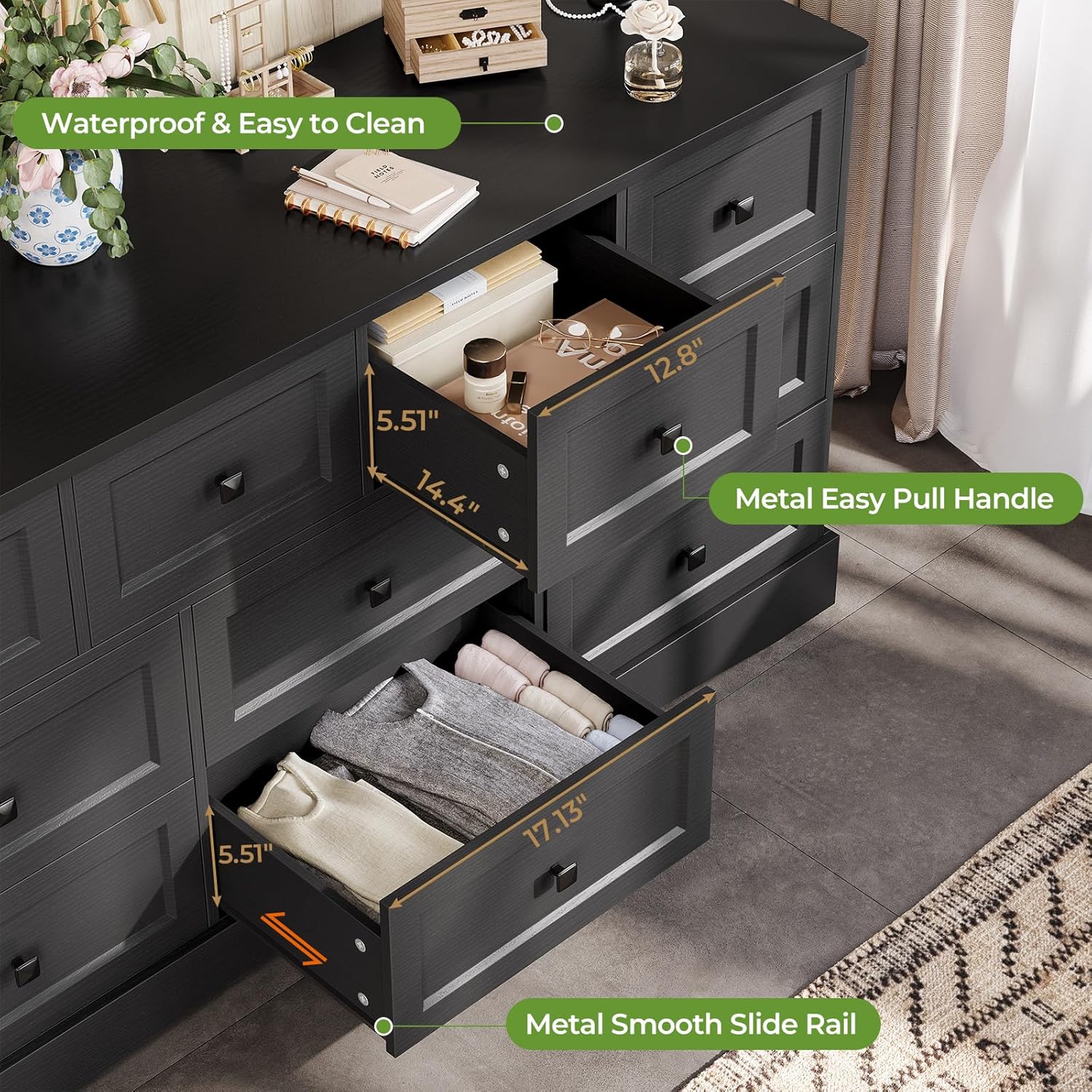 Mabor 10 Drawers Dresser with Charging Station for Bedroom, Farmhouse Chest of Drawers, Black/White