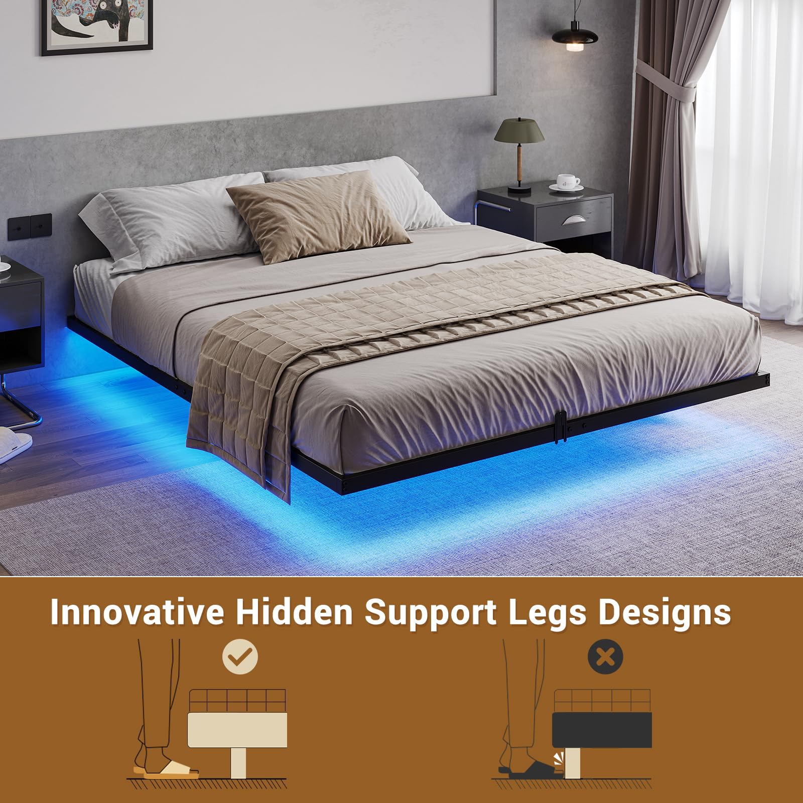 Mabor Metal Floating Bed Frame with LED Lights for Bedroom,No Box Spring Needed,Black/White