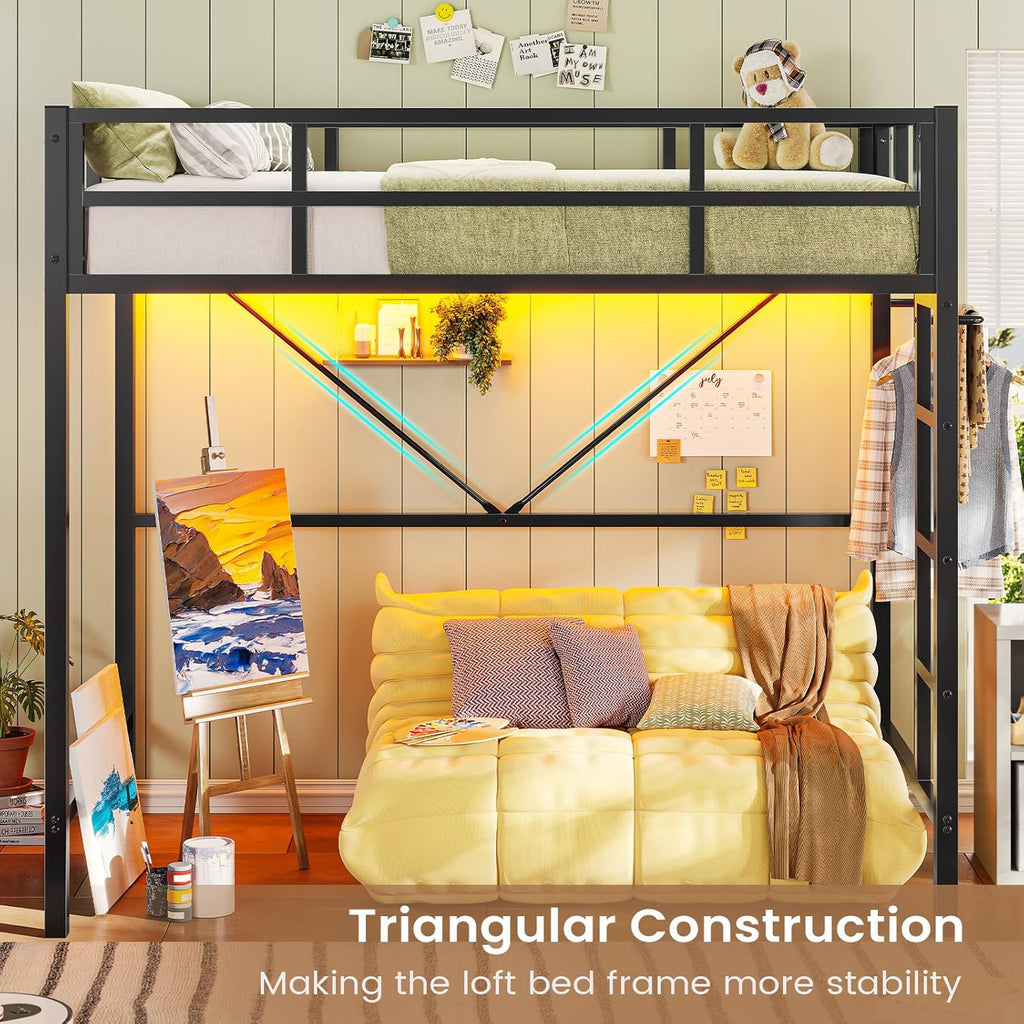Twin Size Loft Bed Frame with Led Lights, Metal Loft Bed Frame with Full-Length Guardrail and Ladder, No Box Spring Needed, White