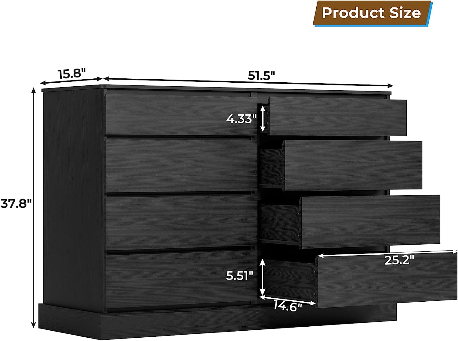 Mabor 8 Drawers Chest of Drawers for Bedroom, Wooden Storage Cabinet, Black/White