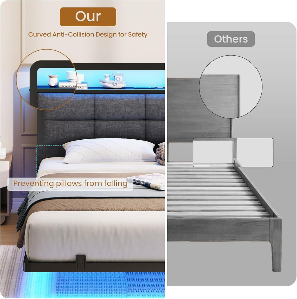 Mabor Floating Bed Frame with Storage Headboard and Charging Station and LED Lights, Full/Twin Size
