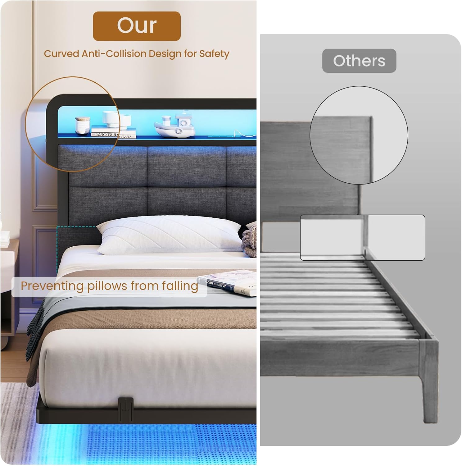 Mabor Floating Bed Frame with Storage Headboard and Charging Station and LED Lights, Full/Twin Size
