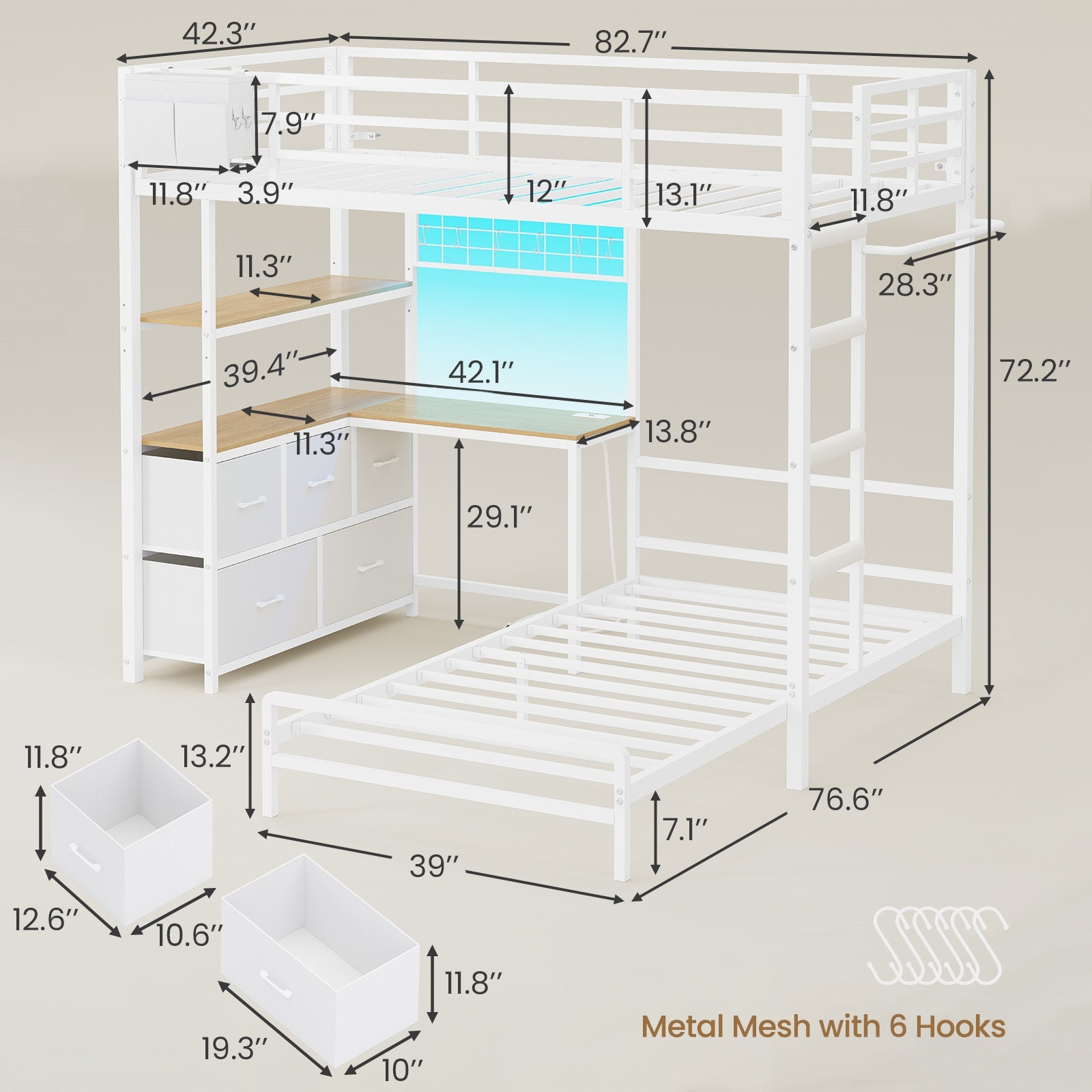 L-Shaped Bunk Bed Twin XL Over Twin Size Metal Bunk Bed with Charging Station and LED Lights and Drawers&Shelves for Bedroom, White