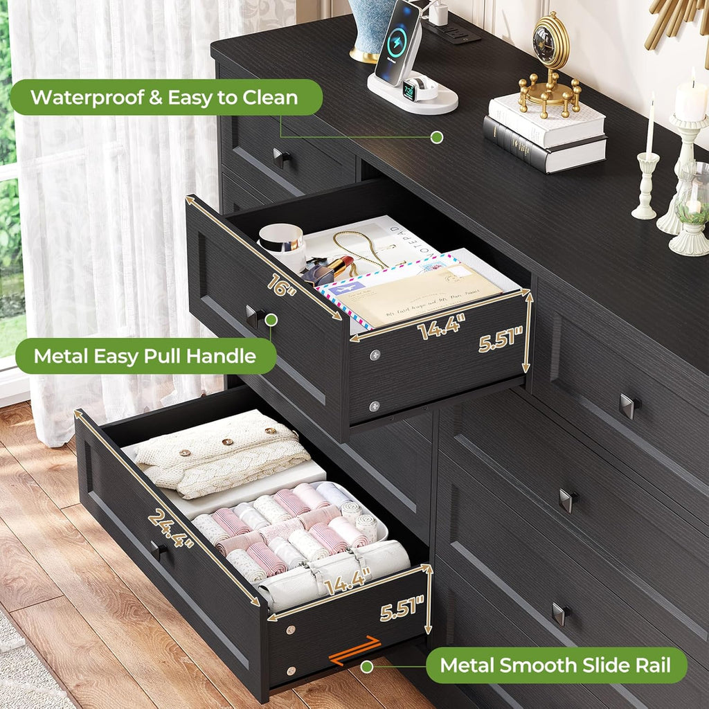 Mabor 9 Drawers Dresser with Charging Station for Bedroom, Chest of Drawers with 9 Drawers, Black/White