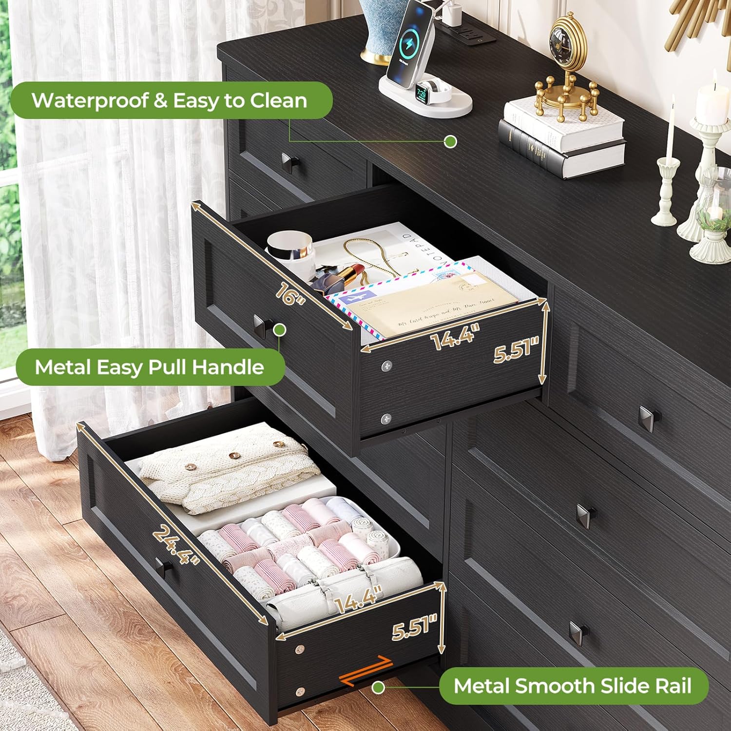 Mabor 9 Drawers Dresser with Charging Station for Bedroom, Chest of Drawers with 9 Drawers, Black/White