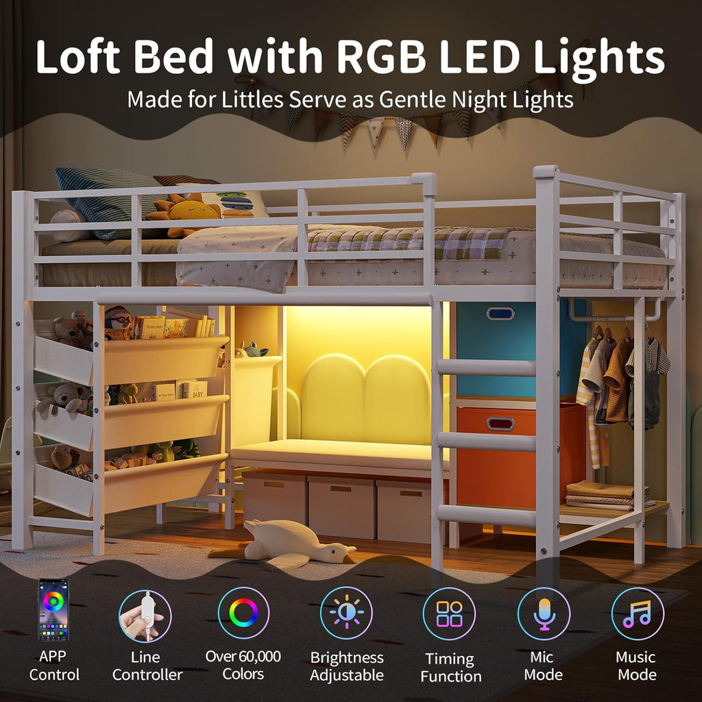 Mabor Twin Size Loft Bed with LED Lights & Reading Bench & Bookshelf & Storage Basket & Stairs for Bedroom, Black/White/Pink