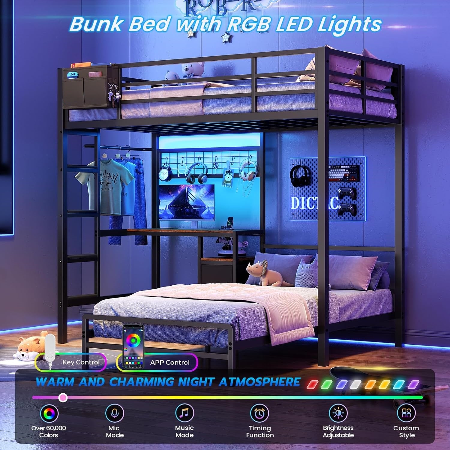 Mabor Metal Bunk Bed with Desk Twin Over Twin Size Bunk Bed with Charging Station and LED Lights, Twin Size Loft Bed Frame with Storage Shelves and Drawers for Bedroom, No Box Spring Needed, Black