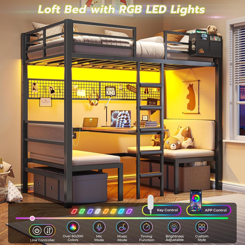 Twin Over Twin Metal Bunk Bed with Desk, Twin Size Loft Bed with Led Lights and Charging Station, Safety Guard and Stair, Convertible Metal Bunk Bed