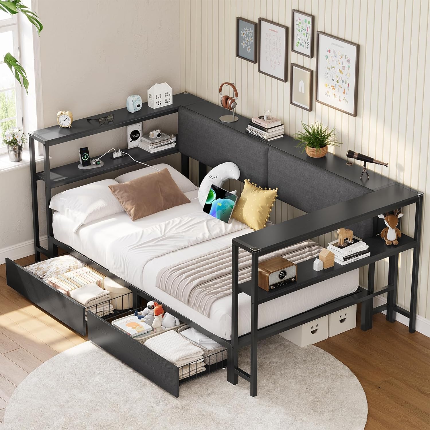Mabor Corner Bed Frame Twin/Full Size Daybeds with 2 Drawers & Charging Station & Storage Shelves for Bedroom, Black/Gray