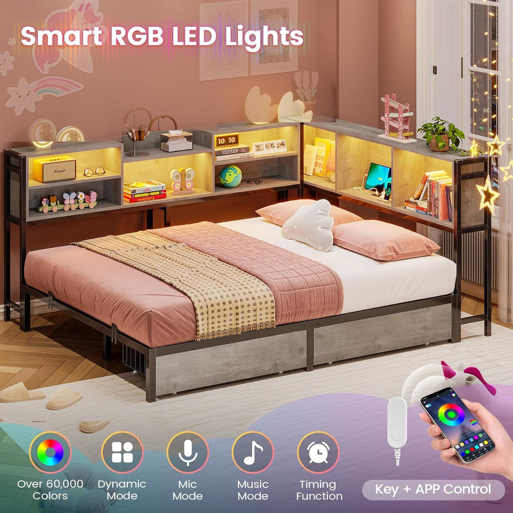 Mabor Metal Daybed Corner Bed Frame with 2 Drawers & Charging Station & Led Light &Bookcase Storage, Twin/Twin XL/Full Size
