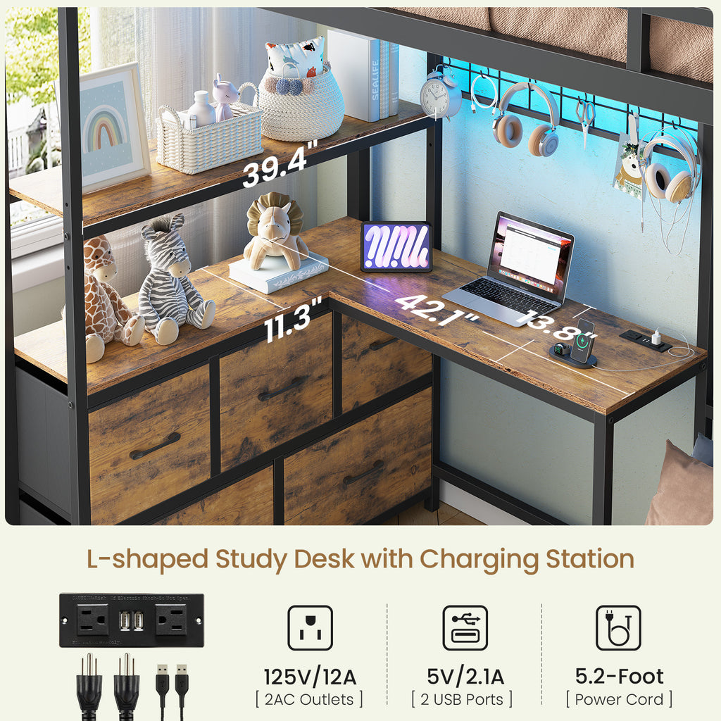 L-Shaped Bunk Bed Twin XL Over Twin Size Metal Bunk Bed with Charging Station and LED Lights and Drawers&Shelves for Bedroom, White