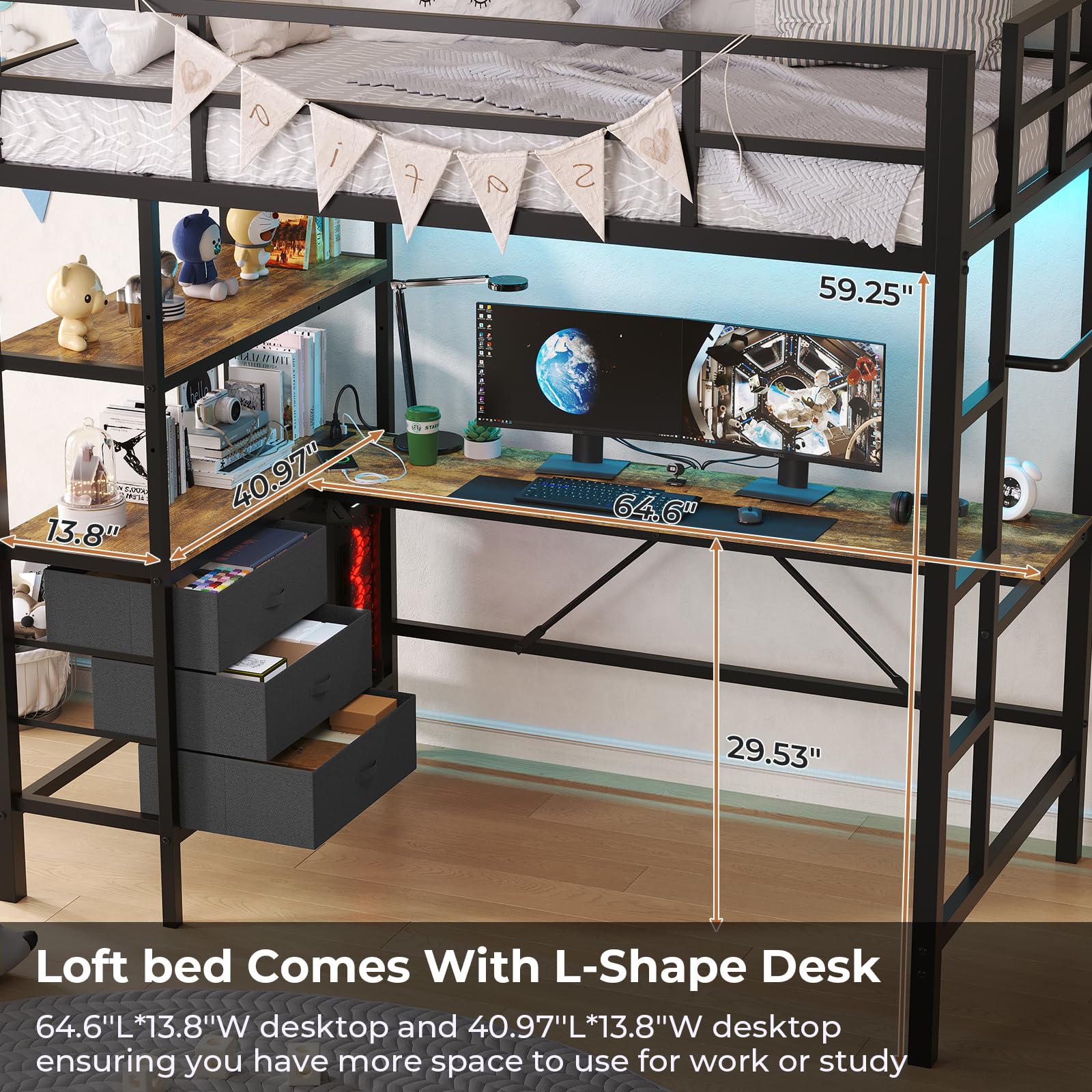Twin Size Metal Loft Bed Frame with L-Shaped Desk&LED Lights&Charging Station, Black LED Loft Bed with 3 Storage Shelves&Drawers, No Box Spring Needed