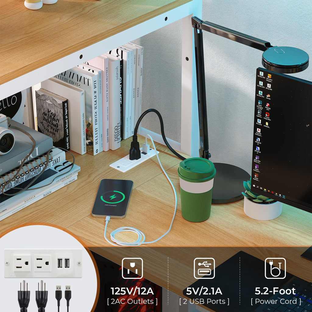 Twin Size Metal Loft Bed Frame with L-Shaped Desk&LED Lights&Charging Station, Black LED Loft Bed with 3 Storage Shelves&Drawers, No Box Spring Needed