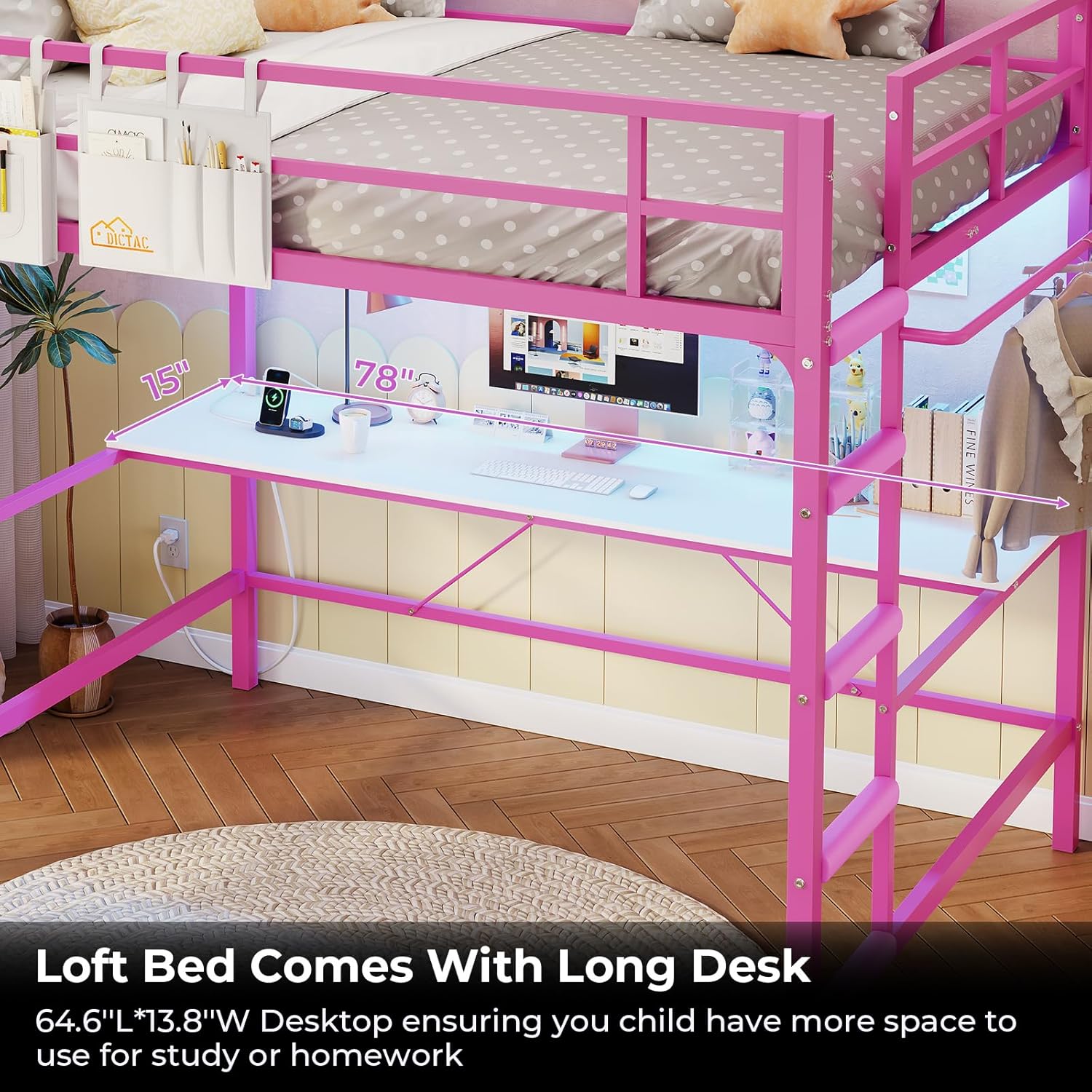 Loft Bed Frame Full Size Heavy Duty Metal Loft Bed with Desk&Charging Station&Led Lights&Clothes Rail, Safety Guard & Ladder, No Noise, Black