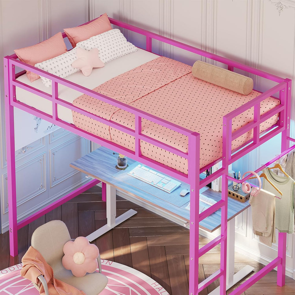 Twin Size Loft Bed Frame with Led Lights, Metal Loft Bed Frame with Full-Length Guardrail and Ladder, No Box Spring Needed, White