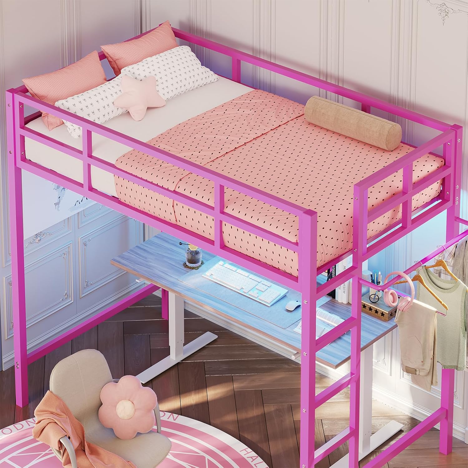 Twin Size Loft Bed Frame with Led Lights, Metal Loft Bed Frame with Full-Length Guardrail and Ladder, No Box Spring Needed, White