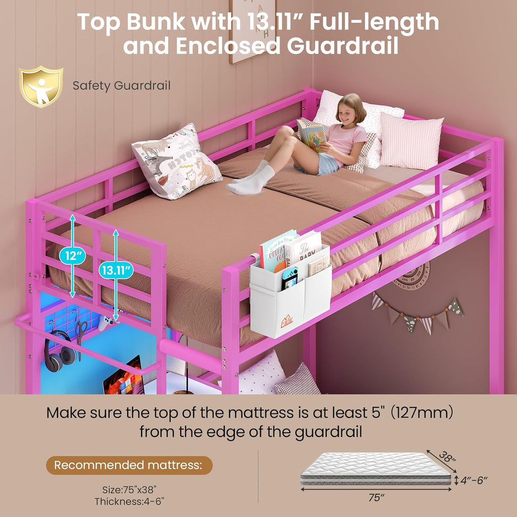 Mabor Metal Bunk Bed with Desk Twin Over Twin Size Bunk Bed with Charging Station and LED Lights, Twin Size Loft Bed Frame with Storage Shelves and Drawers for Bedroom, No Box Spring Needed, Black