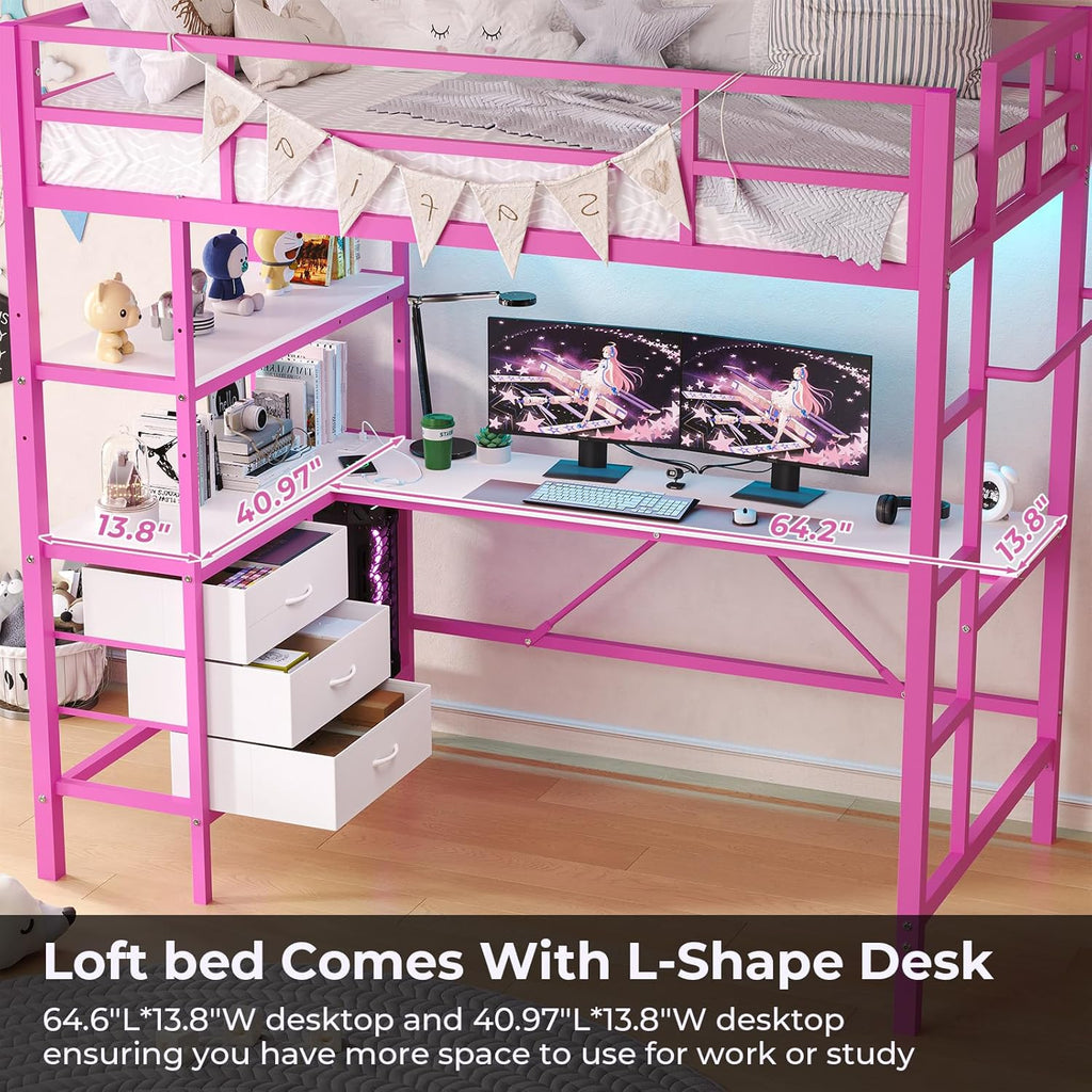 Twin Size Metal Loft Bed Frame with L-Shaped Desk&LED Lights&Charging Station, Black LED Loft Bed with 3 Storage Shelves&Drawers, No Box Spring Needed