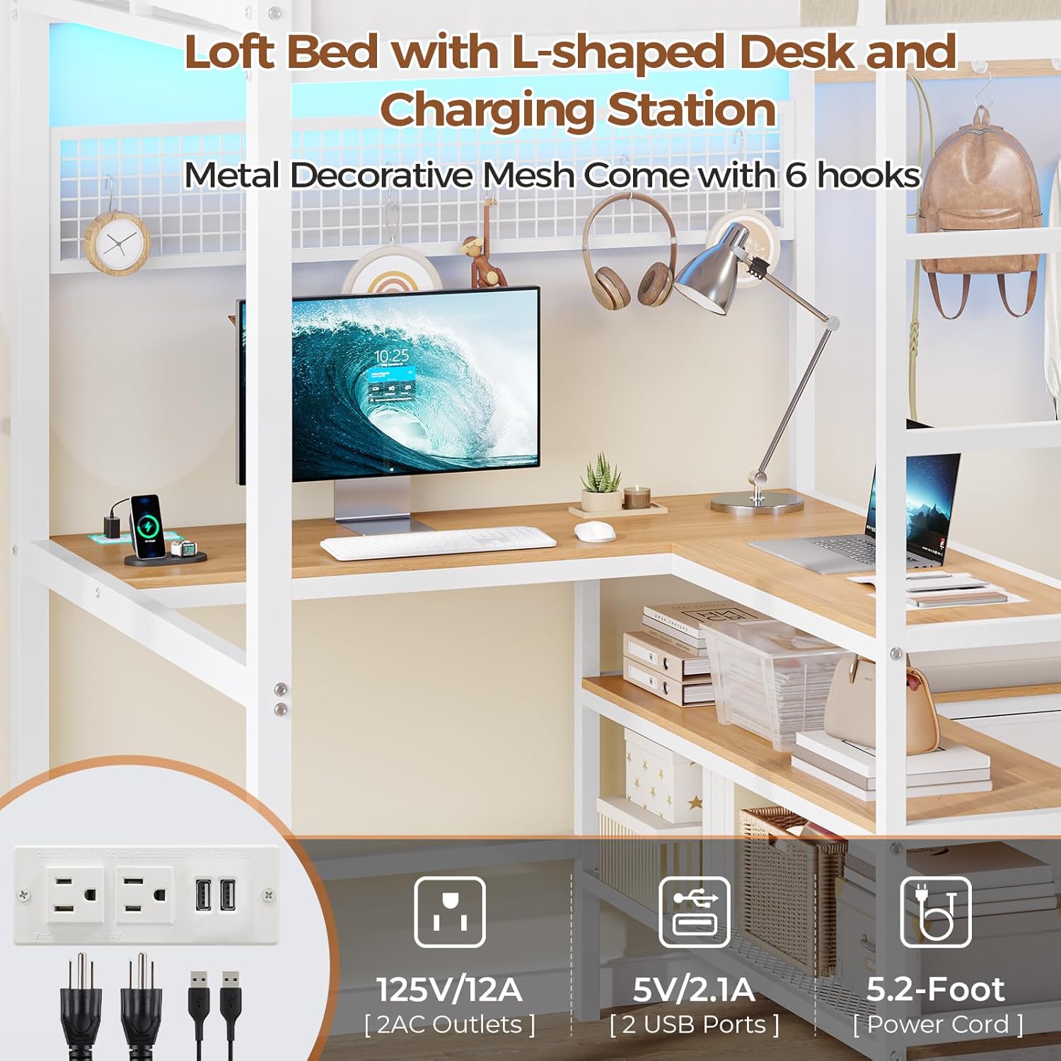 Twin Size Loft Bed with L-Shaped Desk&LED Lights&Charging Station, Twin Metal Loft Bed with Storage Shelves&Drawers,Top Bunk with Safety Guard & Stair, Black