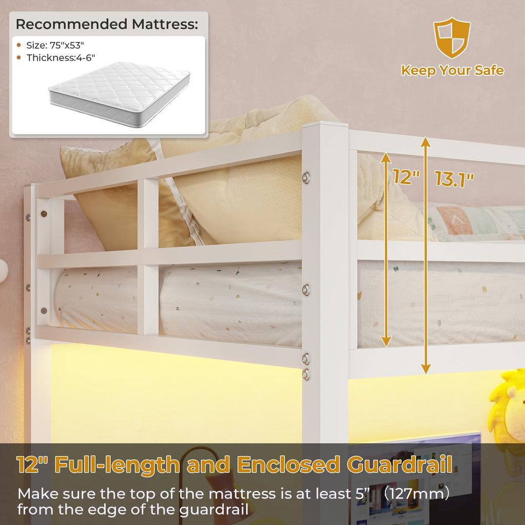Loft Bed Frame Full Size Heavy Duty Metal Loft Bed with Desk&Charging Station&Led Lights&Clothes Rail, Safety Guard & Ladder, No Noise, Black