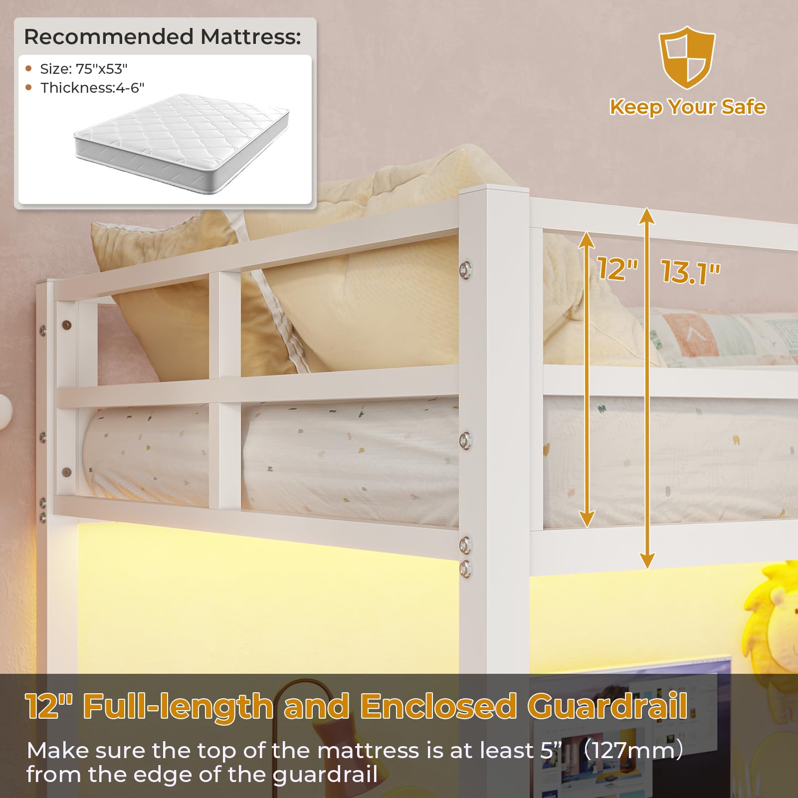 Loft Bed Frame Full Size Heavy Duty Metal Loft Bed with Desk&Charging Station&Led Lights&Clothes Rail, Safety Guard & Ladder, No Noise, Black