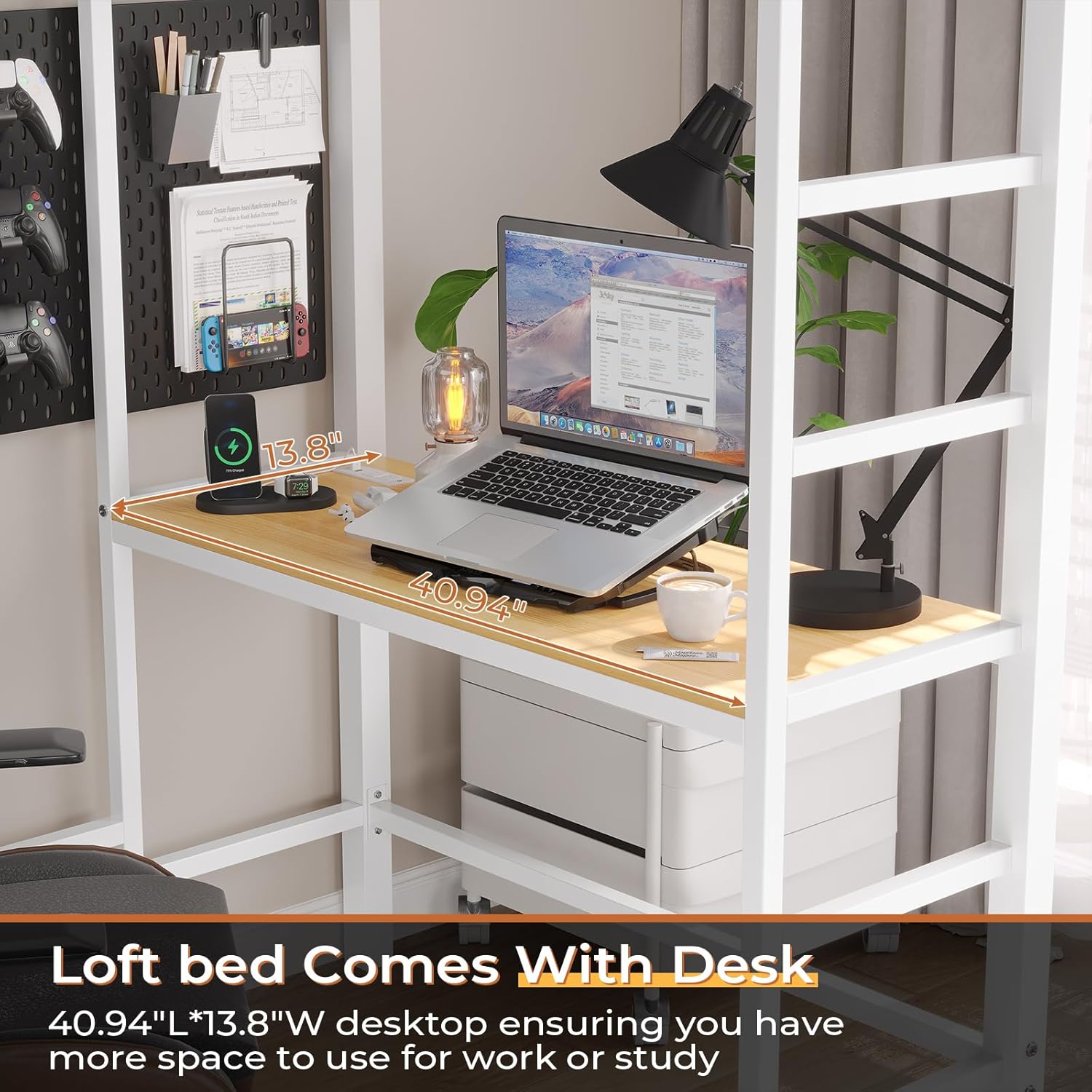 Mabor Twin Loft Bed with Desk&Charging Stations&Led Lights, LED Metal Loft Bed Frame with Storage Shelves&Drawers&Clothes Rail, Safety Guard & Ladder, Black