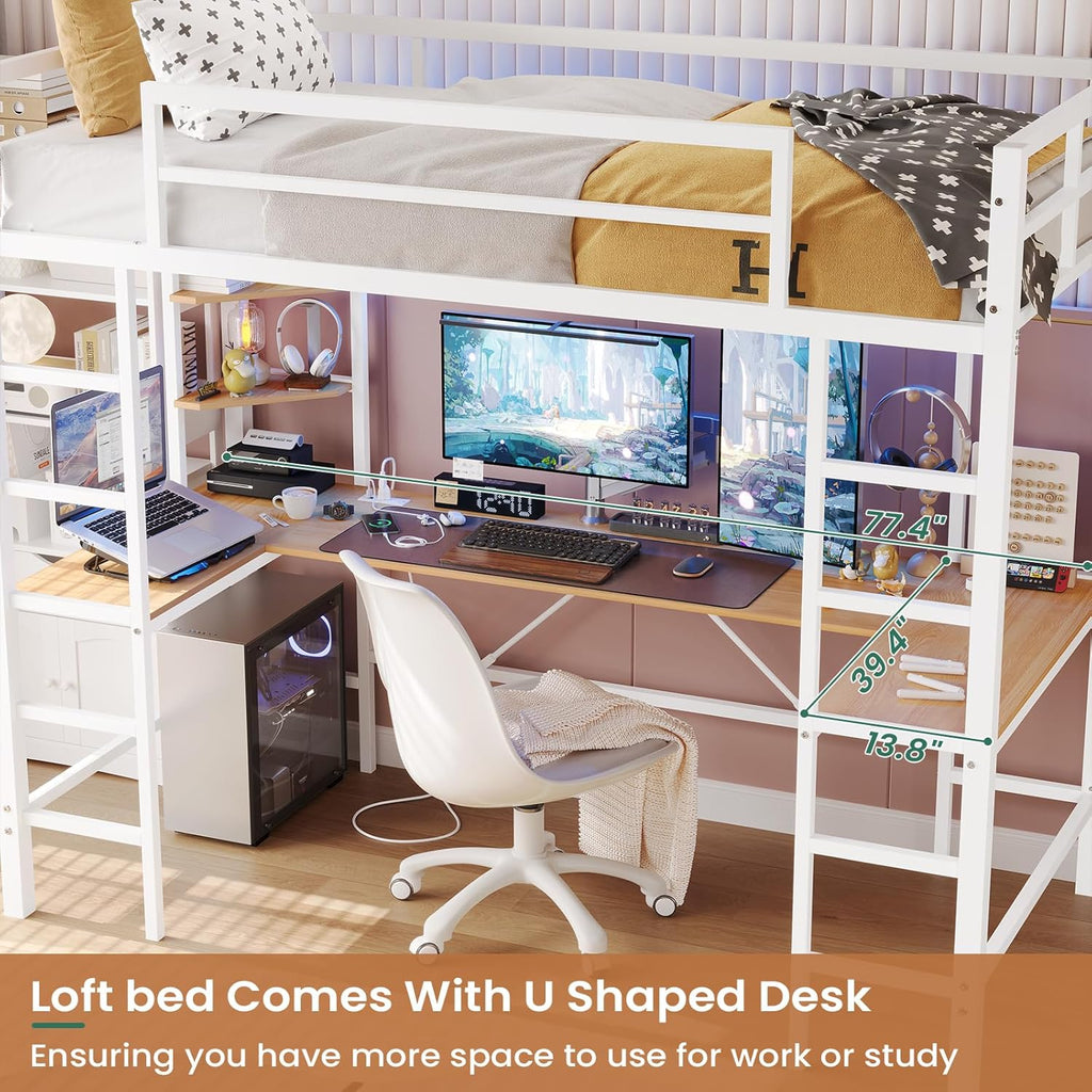 Twin Size Metal Loft Bed Frame with U shaped Desk&Charging Station&LED Lights, Twin Loft Bed Frame with Storage Shelves, Safety Guard & Ladder, Black