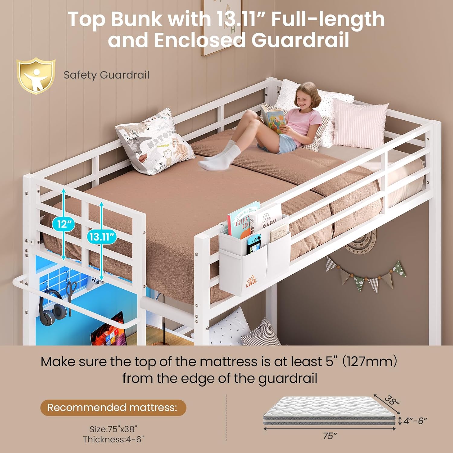 Mabor Metal Bunk Bed with Desk Twin Over Twin Size Bunk Bed with Charging Station and LED Lights, Twin Size Loft Bed Frame with Storage Shelves and Drawers for Bedroom, No Box Spring Needed, Black