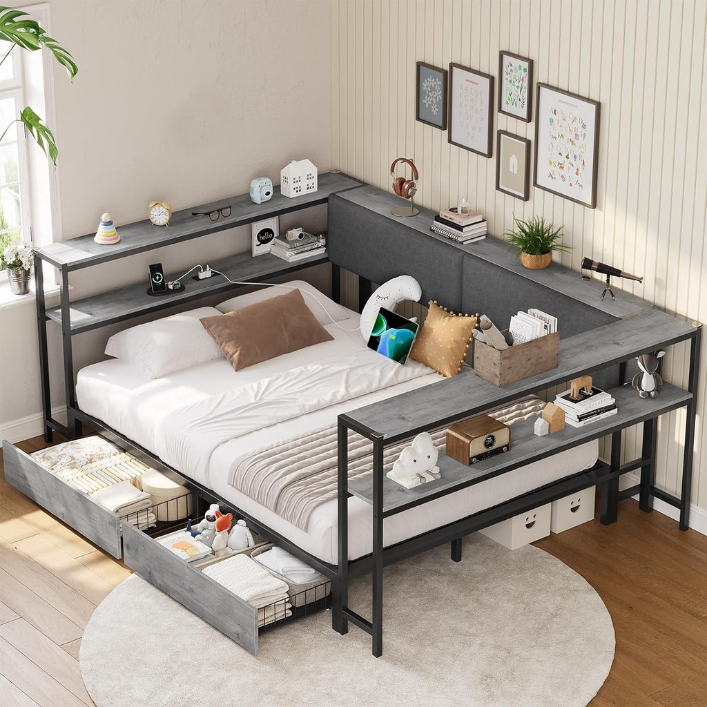 Mabor Corner Bed Frame Twin/Full Size Daybeds with 2 Drawers & Charging Station & Storage Shelves for Bedroom, Black/Gray