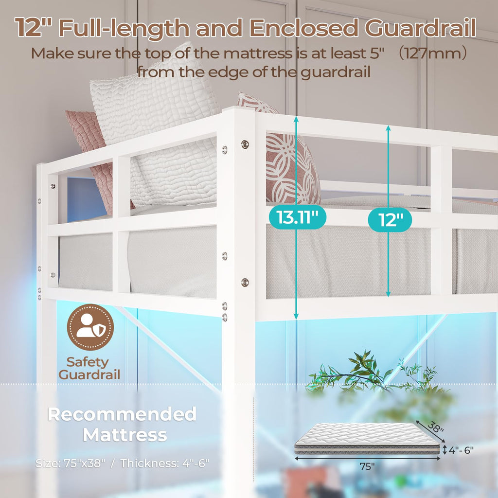 Twin Size Loft Bed Frame with Led Lights, Metal Loft Bed Frame with Full-Length Guardrail and Ladder, No Box Spring Needed, White