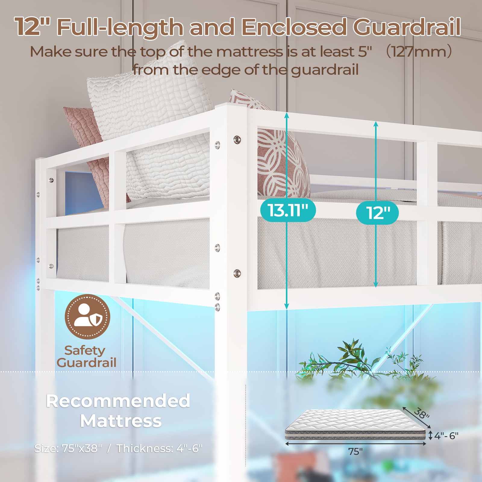Twin Size Loft Bed Frame with Led Lights, Metal Loft Bed Frame with Full-Length Guardrail and Ladder, No Box Spring Needed, White