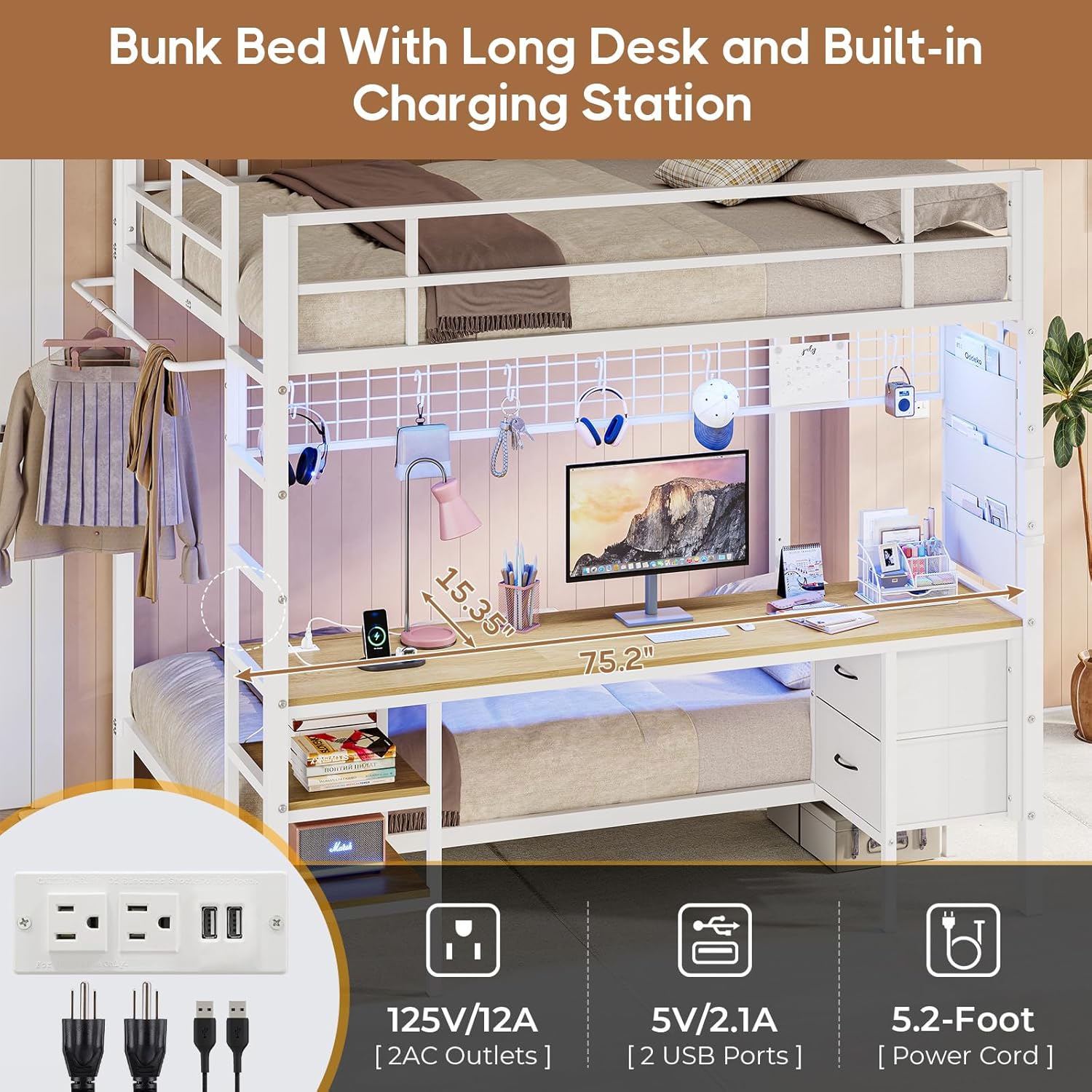 Full Over Twin Size Bunk Bed with Desk&Charging Station&LED Lights&Drawers&Storage Shelves, Full Over Twin Metal Loft Bed for Adults, No Box Spring Needed, White
