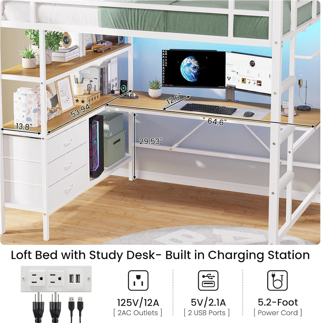 Full Size Loft Bed Frame with Desk&LED Lights&Charging Station&3 Storage Drawers, Black/White/Pink