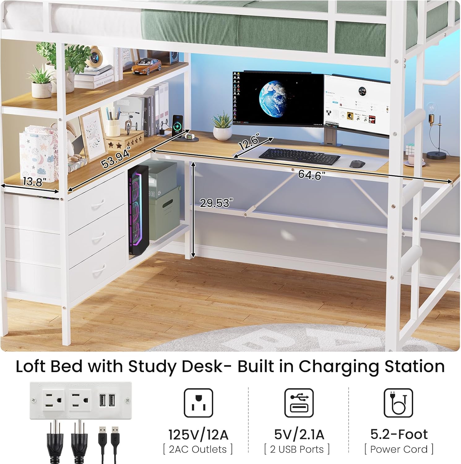 Full Size Loft Bed Frame with Desk&LED Lights&Charging Station&3 Storage Drawers, Black/White/Pink