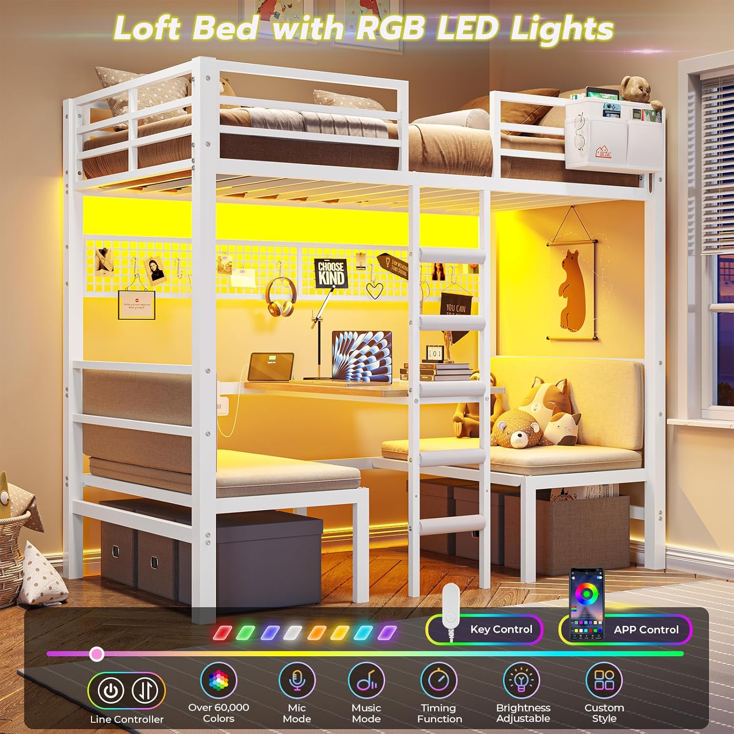 Twin Over Twin Metal Bunk Bed with Desk, Twin Size Loft Bed with Led Lights and Charging Station, Safety Guard and Stair, Convertible Metal Bunk Bed