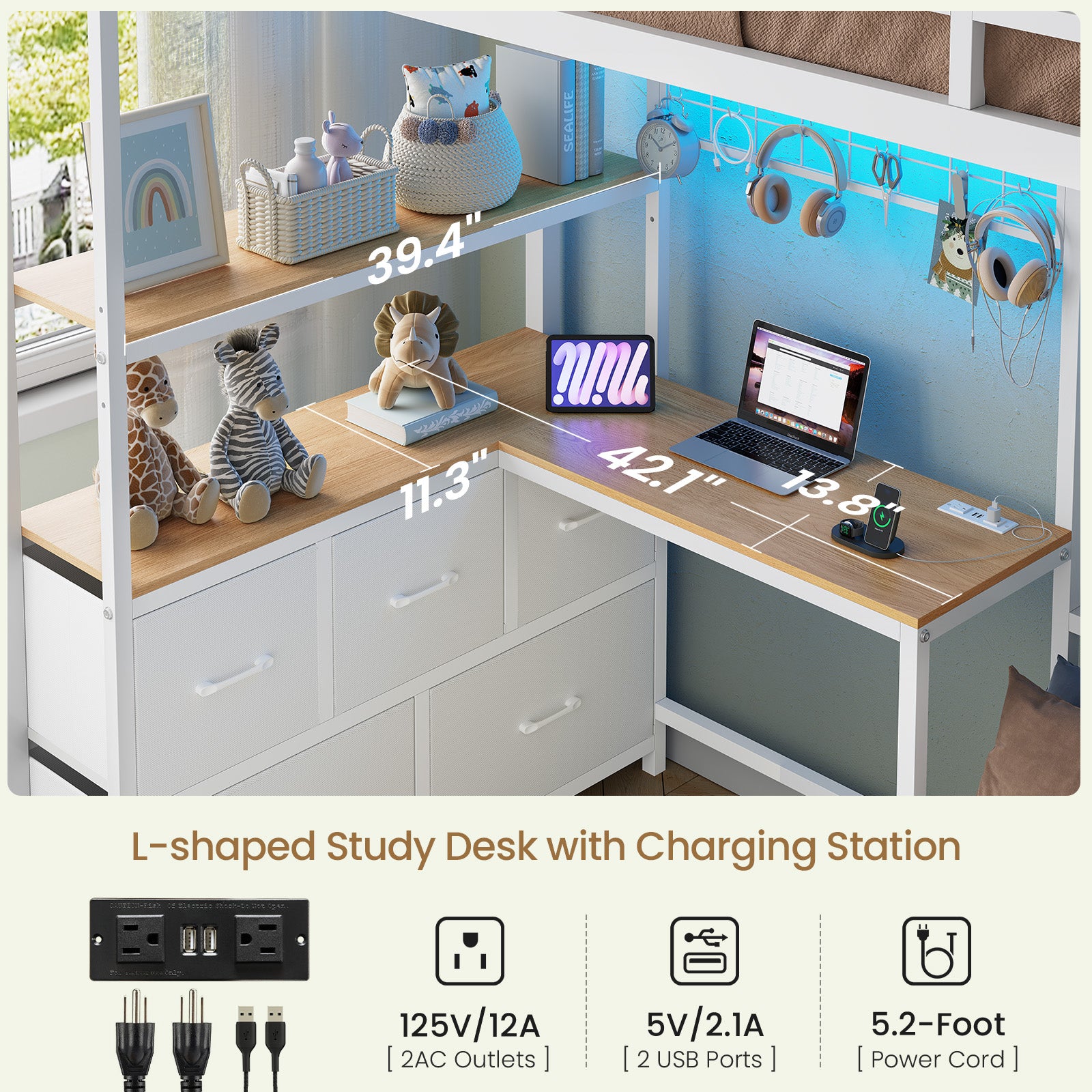 L-Shaped Bunk Bed Twin XL Over Twin Size Metal Bunk Bed with Charging Station and LED Lights and Drawers&Shelves for Bedroom, White