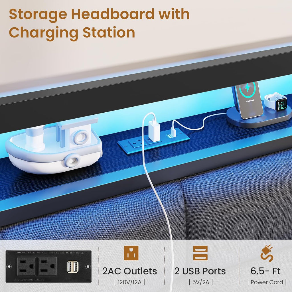 Mabor Floating Bed Frame with Storage Headboard and Charging Station and LED Lights, Full/Twin Size