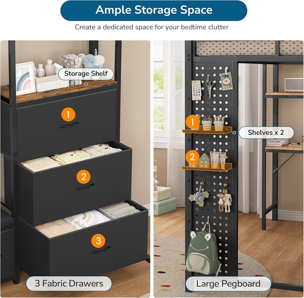 Mabor Twin Size Loft Bed with Desk and 6 Storage Drawers and LED Lights and Charging Station and Large Pegboard,Black/White
