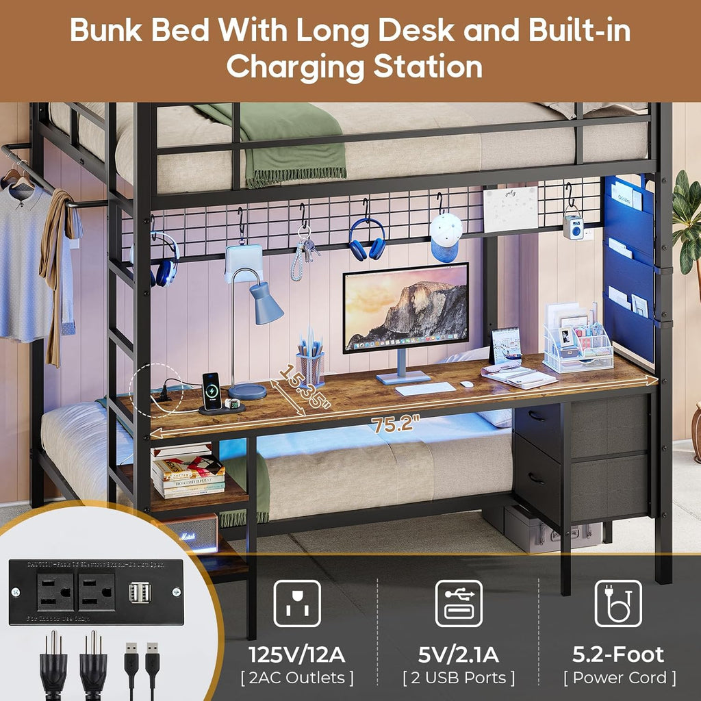 Full Over Twin Size Bunk Bed with Desk&Charging Station&LED Lights&Drawers&Storage Shelves, Full Over Twin Metal Loft Bed for Adults, No Box Spring Needed, White