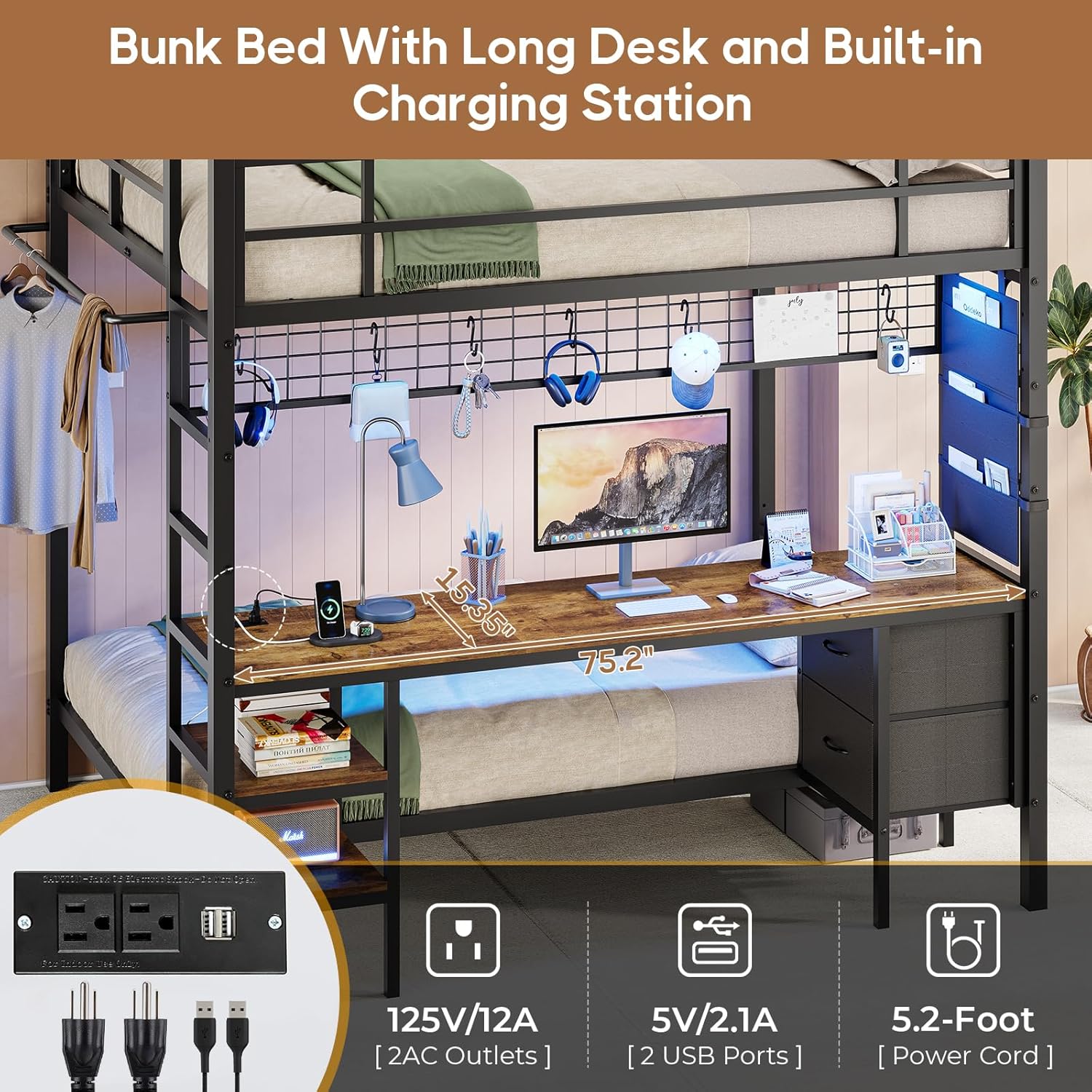 Full Over Twin Size Bunk Bed with Desk&Charging Station&LED Lights&Drawers&Storage Shelves, Full Over Twin Metal Loft Bed for Adults, No Box Spring Needed, White