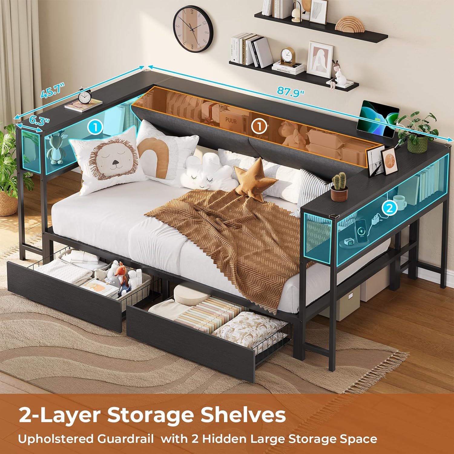 Mabor Corner Bed Frame Twin/Full Size Daybeds with 2 Drawers & Charging Station & Storage Shelves for Bedroom, Black/Gray