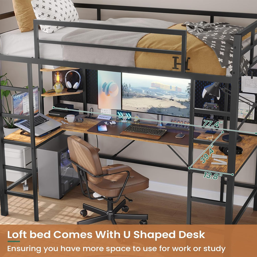 Twin Size Metal Loft Bed Frame with U shaped Desk&Charging Station&LED Lights, Twin Loft Bed Frame with Storage Shelves, Safety Guard & Ladder, Black
