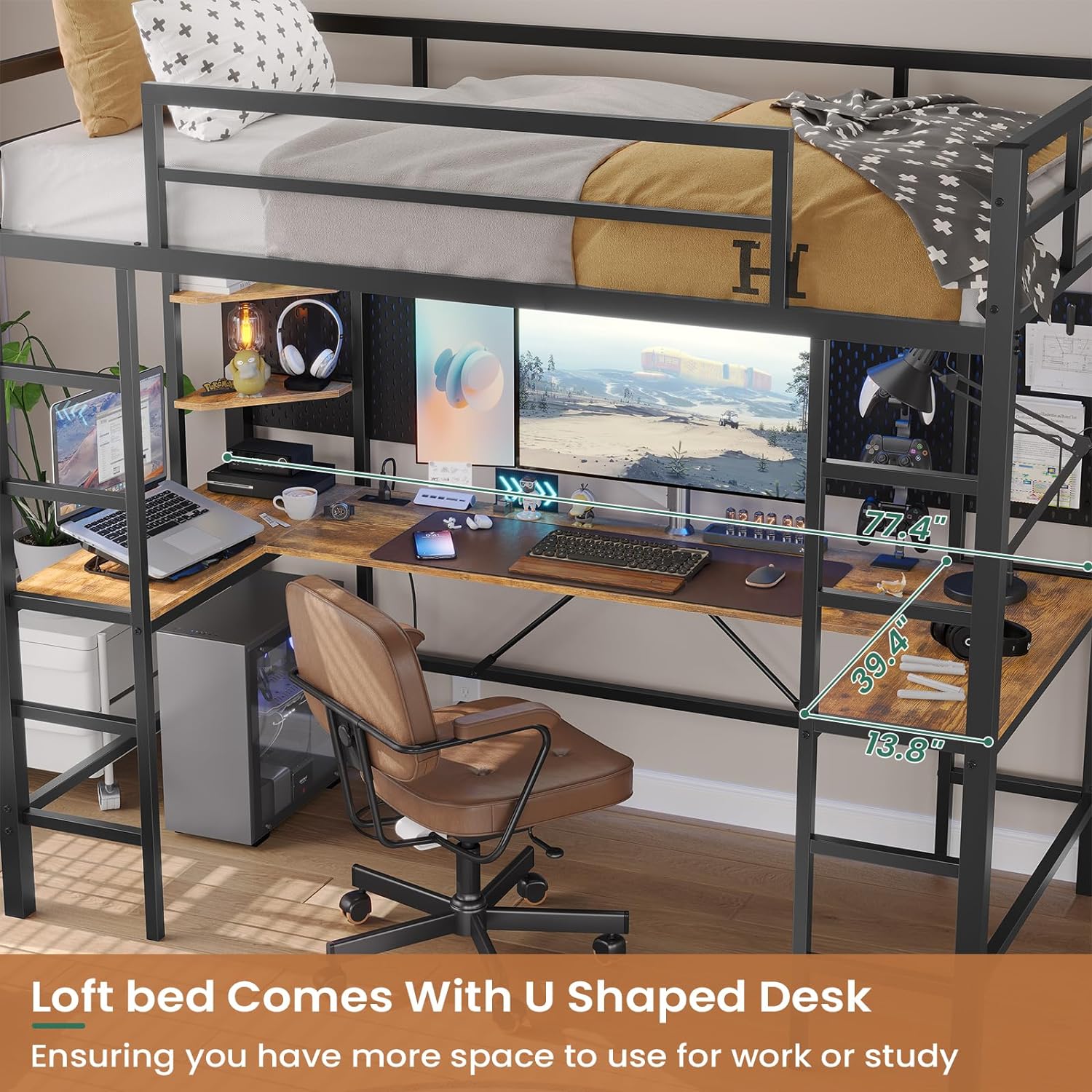 Twin Size Metal Loft Bed Frame with U shaped Desk&Charging Station&LED Lights, Twin Loft Bed Frame with Storage Shelves, Safety Guard & Ladder, Black