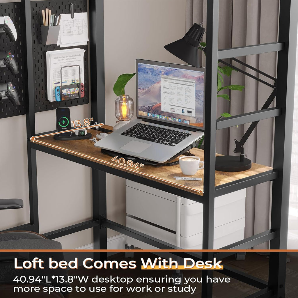 Mabor Twin Loft Bed with Desk&Charging Stations&Led Lights, LED Metal Loft Bed Frame with Storage Shelves&Drawers&Clothes Rail, Safety Guard & Ladder, Black