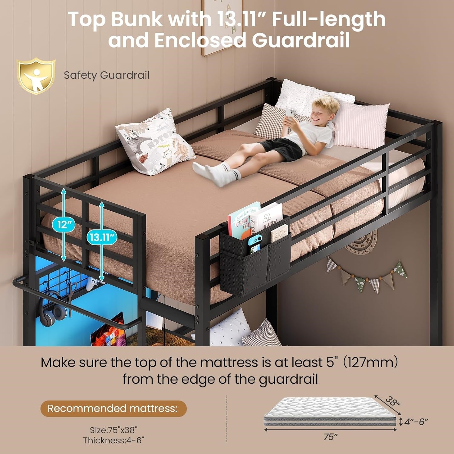 Mabor Metal Bunk Bed with Desk Twin Over Twin Size Bunk Bed with Charging Station and LED Lights, Twin Size Loft Bed Frame with Storage Shelves and Drawers for Bedroom, No Box Spring Needed, Black